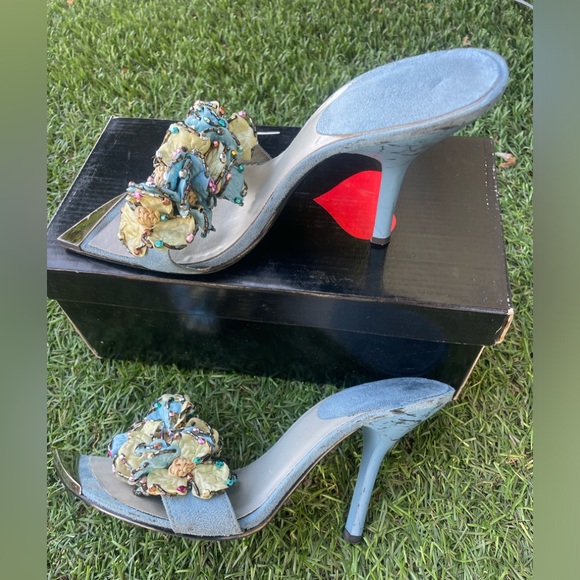 Luichiny Silk & Suede Flower Sandal Blue Slip On Heels Sz(8) - Picture 5 of 7